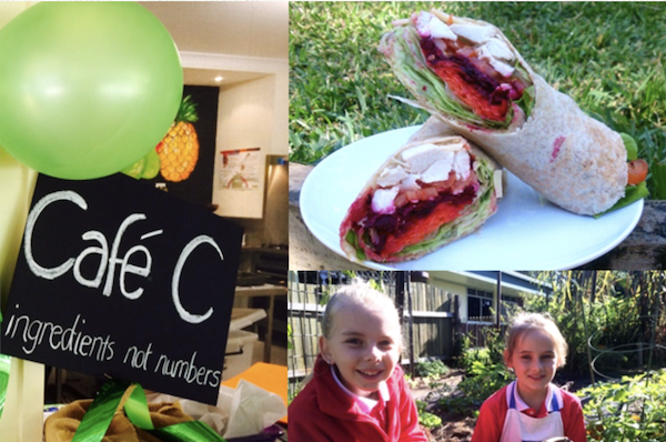 Collage of cafe signage next to wrap and smiling children