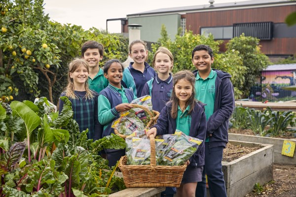 Group of students in blue and green uniforms around two baskets of bags of leafy green vegetables, among a green garden.