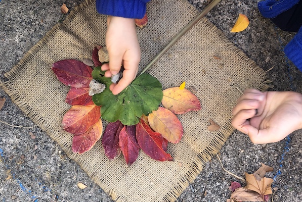 Hands over leaves and hessian