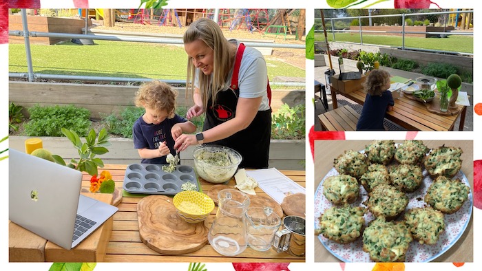 Educator and child cooking, outdoors Educator and child cooking, outdoors