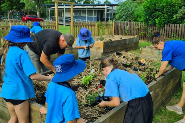Children tending to a garden with a wicking system