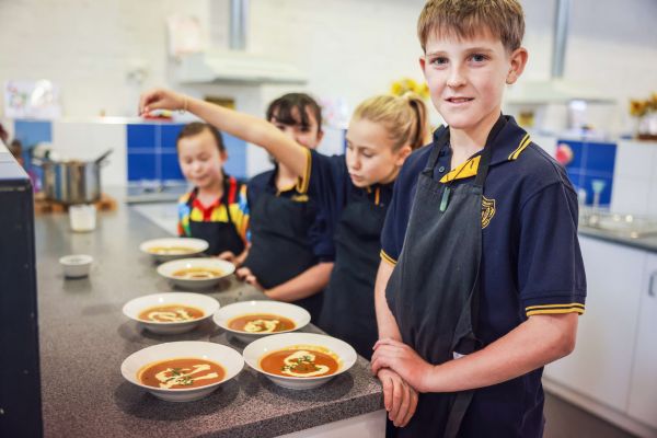 Children with the soup they prepared at Kilkenny Primary