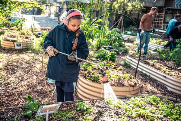 Student watering a garden